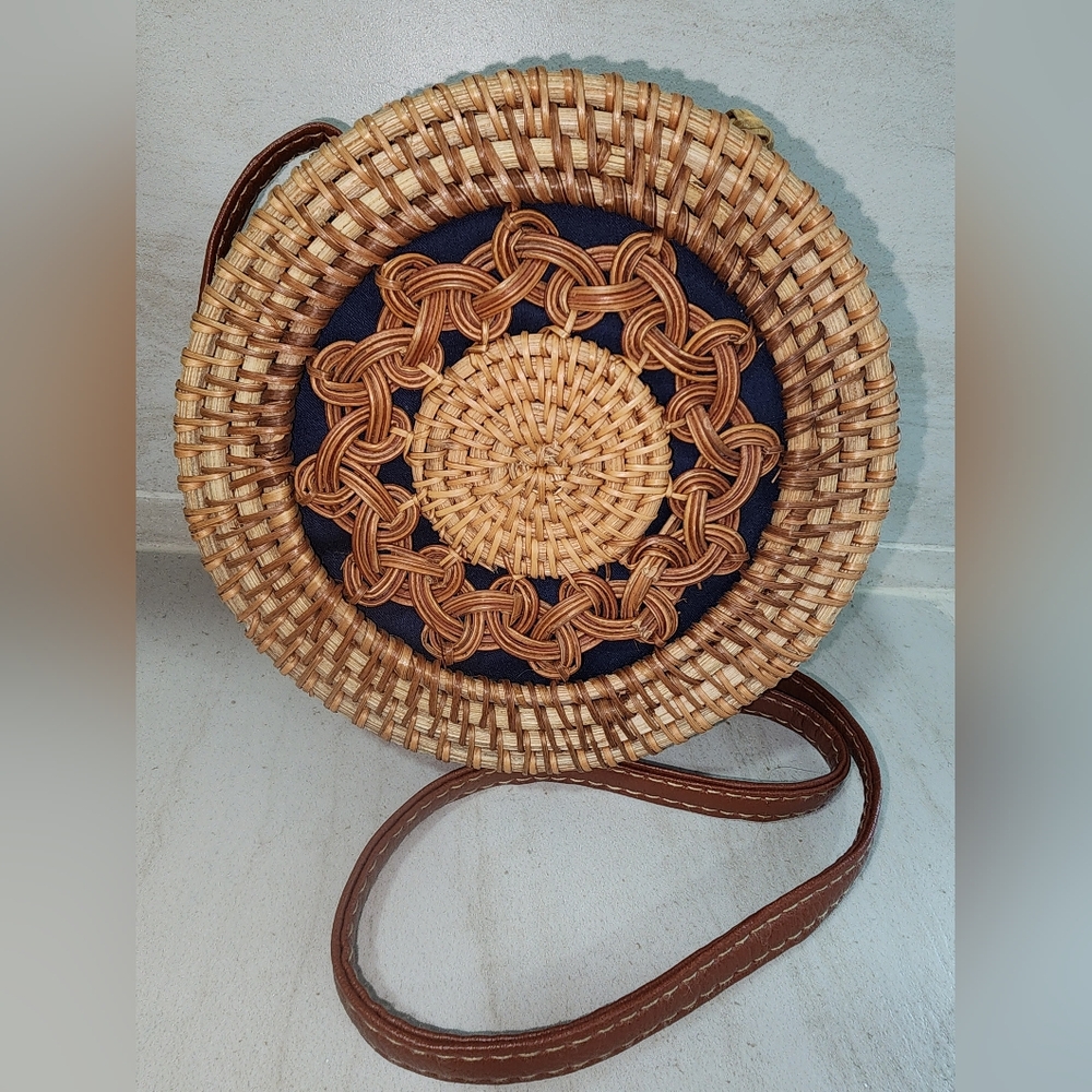 Vintage Wicker Rattan Round Box Purse Crossbody Boho Leather Strap